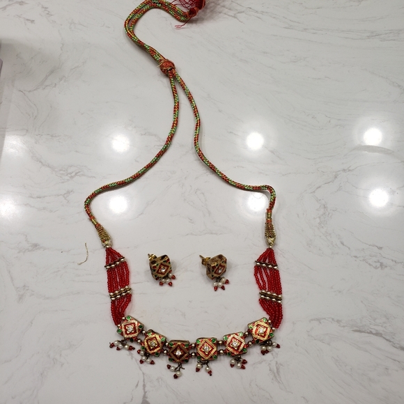 New 💖 Red and Green Ethnic Indian Kundan Rajasthani Necklace with Earri… - Picture 2 of 4